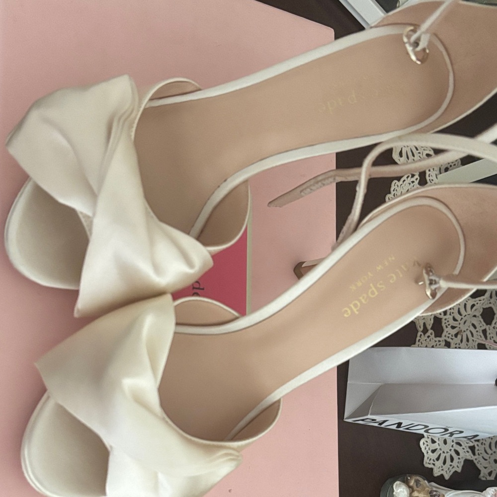 Kate Spade Cream Satin Heels with Bow - Picture 2 of 4